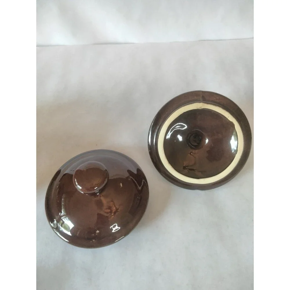 2 Onion Soup Handled Crock Bowls with Lids Brown & Beige Taiwan
